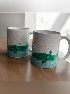 Set of 2 Sweet Expressions Festive Tree Deer Moon Stars Snow Coffee Mugs